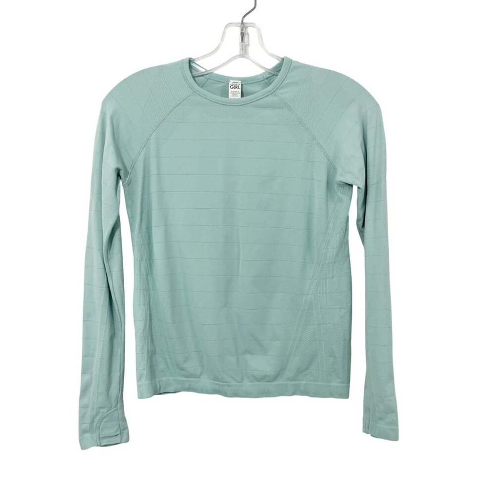 Athleta Girl Shimmer Power Up Long Sleeve Top Mint Metallic Youth Medium‎